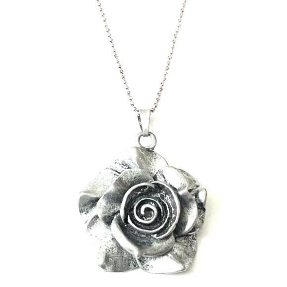 Silver Tone Rose Pendant With Sterling Silver Chain - Picture 1 of 7